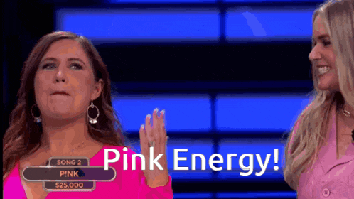 two women on a game show with the words pink energy on the bottom