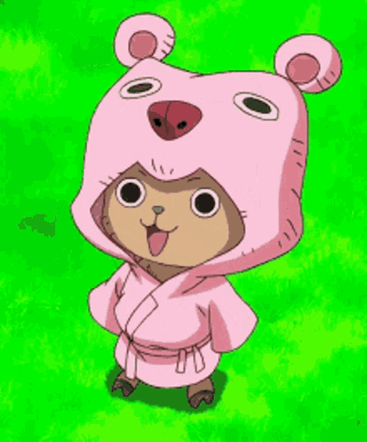 a cartoon character wearing a pink teddy bear hooded jacket