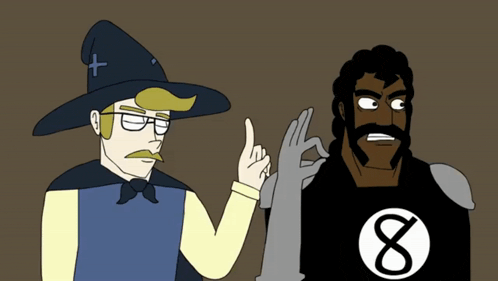 a cartoon of a wizard and a man with the number 8 on their shirt