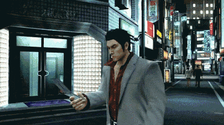 a pixelated image of a man in a suit standing in front of a building with chinese writing on it