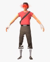 a man in a red shirt and brown pants is standing in front of a white background with his eyes closed .