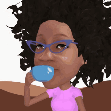 a cartoon woman wearing glasses drinking from a blue cup