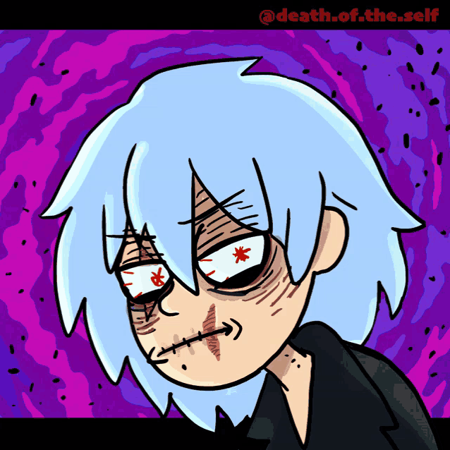 a drawing of a person with stitches in their mouth and the words death of the self below it