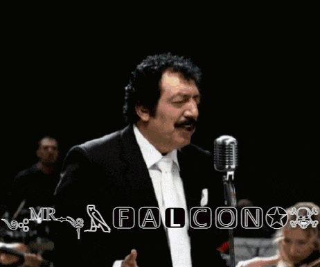 a man in a tuxedo singing into a microphone with the words mr. falcon on the bottom