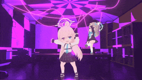 two anime girls are dancing in a dark room
