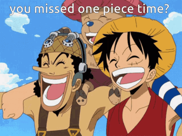 a picture of three anime characters with the caption " you missed one piece time " on top