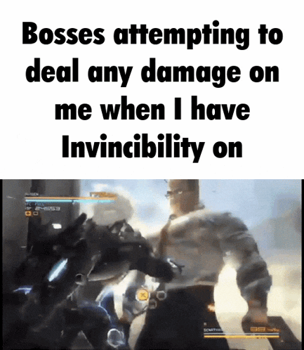 a screenshot of a video game that says bosses attempting to deal any damage on me when i have invincibility