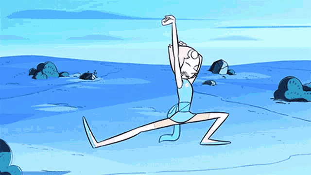 a cartoon of a pearl doing a yoga pose on the beach