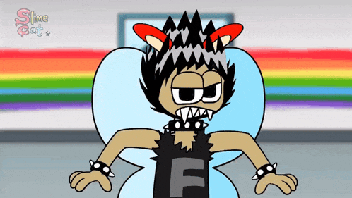 a cartoon character is wearing a black f shirt