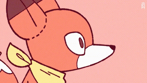 a cartoon fox with a yellow scarf around its neck is on a pink background