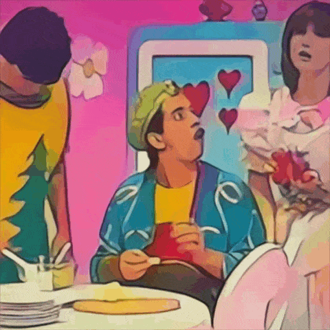 a cartoon drawing of a man sitting at a table with hearts on the wall behind him