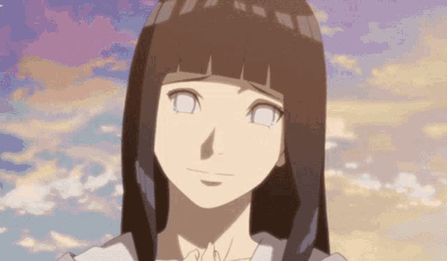 a girl with long black hair and white eyes is smiling