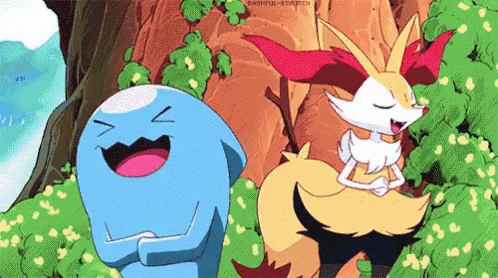 a cartoon of a blue pokemon and a yellow pokemon laughing .