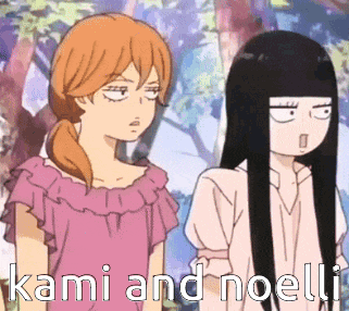 two anime girls are standing next to each other with the words kami and noelli on the bottom right