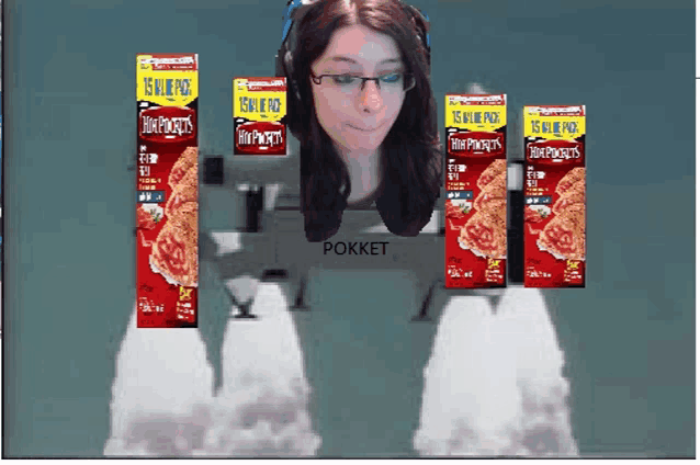 a woman is surrounded by boxes of hot pockets with smoke coming out of them
