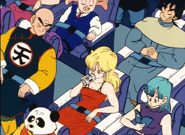 a group of cartoon characters are sitting on a plane and one of them has a chinese symbol on their back