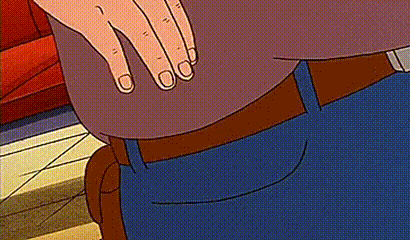 a cartoon of a man with his hands on his stomach and a belt on .