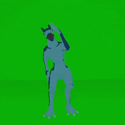 a blue parrot is standing on a green screen and scratching its head .