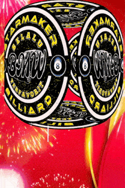 a black and white logo for bmw billiards is surrounded by fireworks