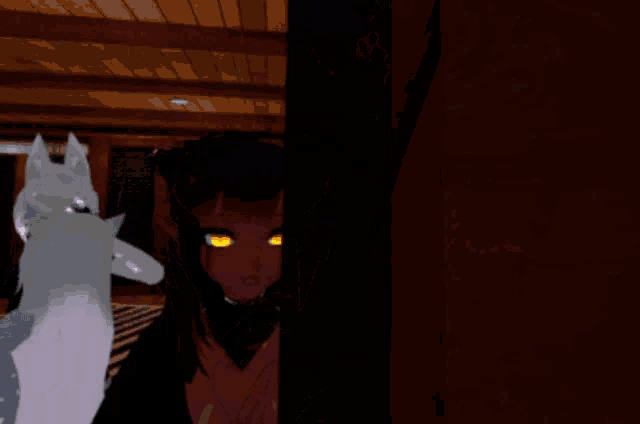 a girl with red eyes is standing next to a white animal