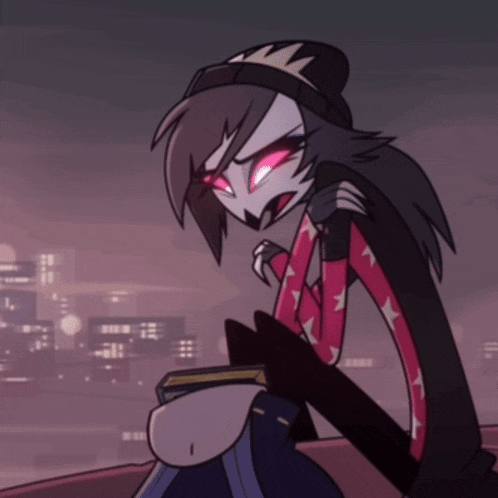 a cartoon character with red eyes is sitting on a balcony