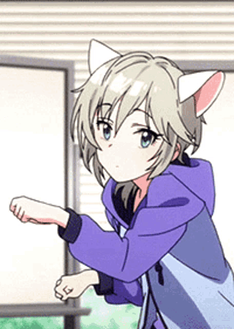 a girl with cat ears and a purple hoodie