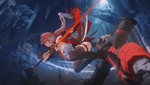 a man in a red hood holds a purple sword over a woman 's head