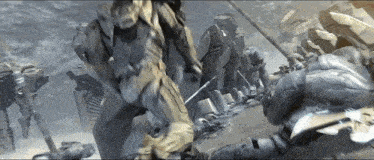a group of soldiers are fighting each other and one of them has a sword in his hand