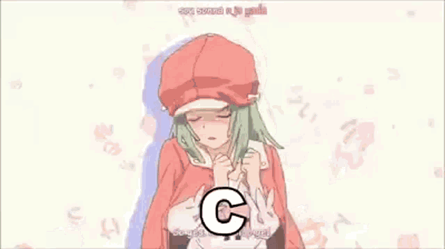 a girl with green hair and a red hat is giving a peace sign and the word cima is above her .