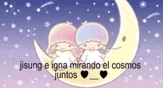 two little twin stars sitting on a crescent moon holding hands