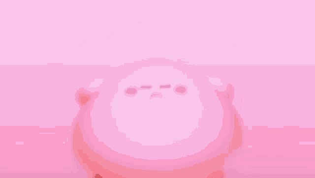 a pink cartoon character with blue eyes and a red nose on a pink background