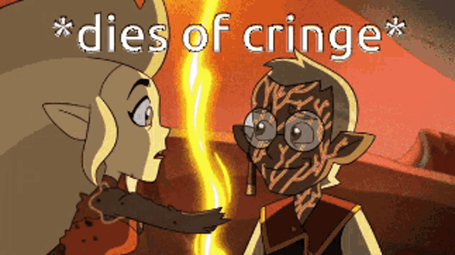 a cartoon of a man and a woman standing next to each other with the words dies of cringe above them
