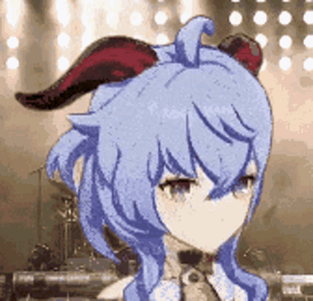 a cartoon girl with blue hair and red horns is standing in front of a drum set .