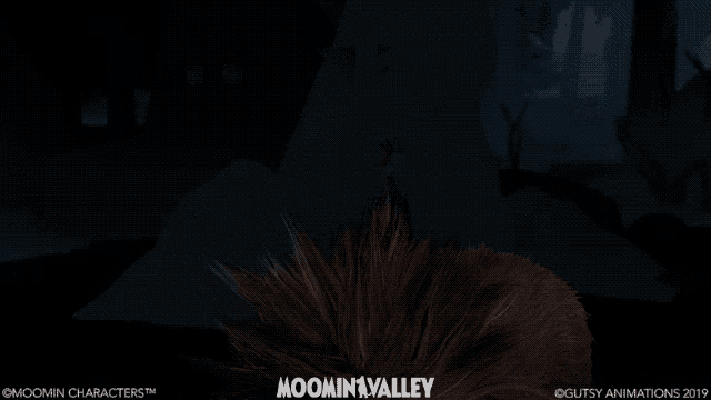 a poster for moomin valley shows a wolf in the dark