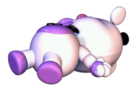 a couple of stuffed animals are laying on their backs on a white background .