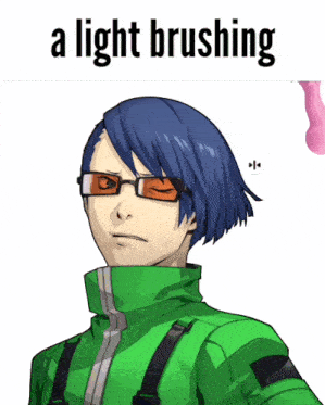 a picture of a man with glasses and a light brushing caption