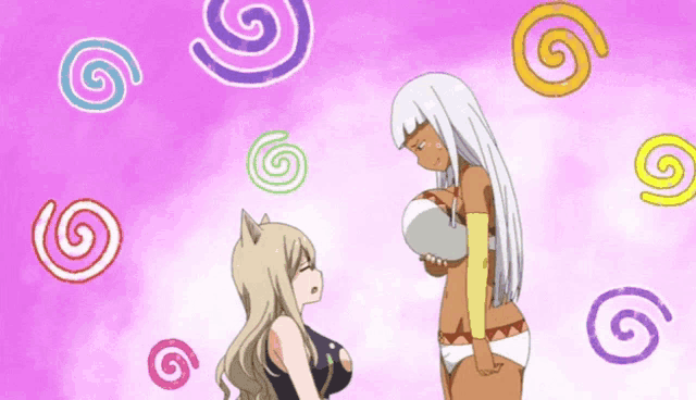 two anime girls standing next to each other with spirals around them