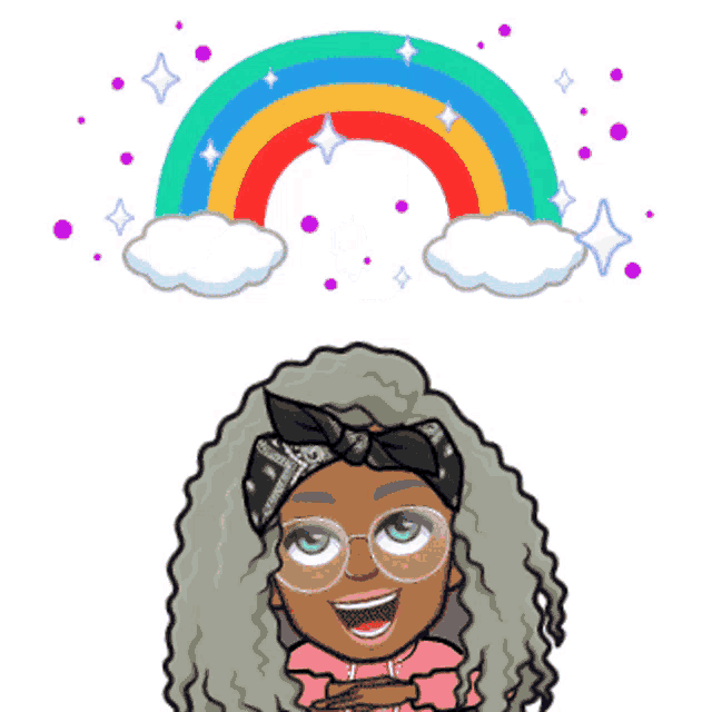 a cartoon drawing of a girl with a bandana on her head and a rainbow above her head