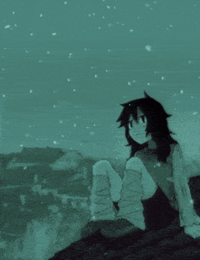 a drawing of a girl sitting on a ledge with snow falling around her