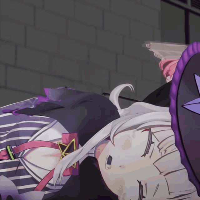a cartoon character with white hair and a star on her chest is laying down