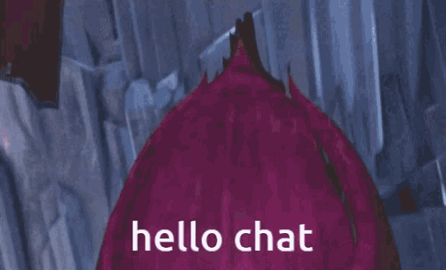 a cartoon of a woman standing next to a monster with the words hello chat written on it