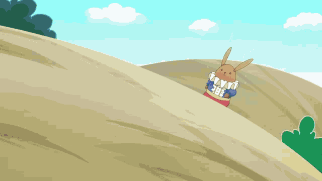a cartoon rabbit is walking up a hill wearing a shirt that says ' the ' on it