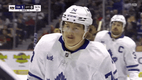 a hockey player wearing a jersey that says milk