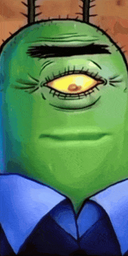 a green cartoon character with one eye and a blue shirt