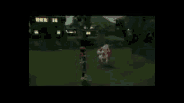 a video game character is standing in a field next to a pony .