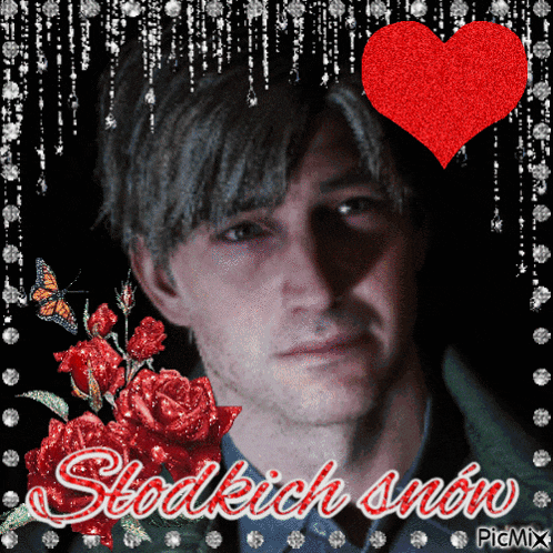 a picture of a man with roses and a red heart with the words słodkich snów