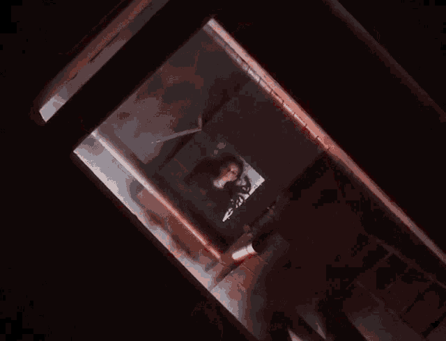 a reflection of a person in a mirror in a room with red pipes