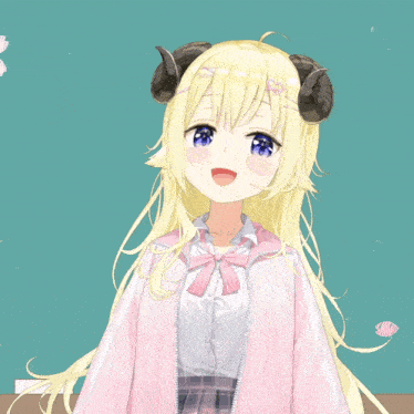 a girl with horns on her head is wearing a pink jacket with the letter c on it