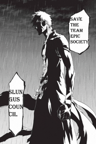 a black and white drawing of a man with the words save the team epic society on the bottom
