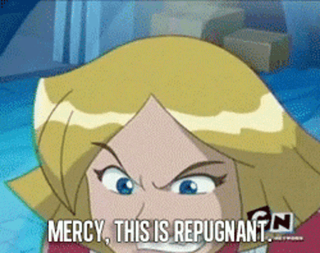 a cartoon character with the words mercy this is repugnant on the bottom